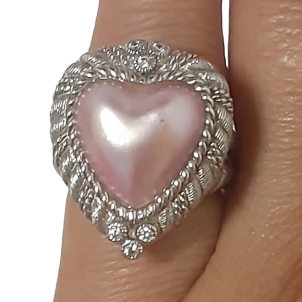 Judith Ripka sterling silver cultured pink mabe pearl cz diamond ring.